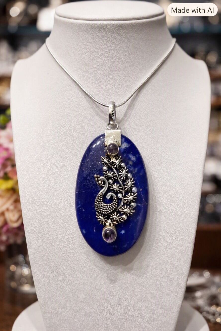 Peacock Pendant Silver Necklace – Lapis Lazuli & Amethyst Gemstone Jewelry Boho